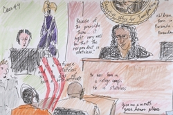 [ai] A courtroom scene with a judge sitting at the bench and an American flag in the background. Two individuals are seated at a table, discussing issues of statelessness. Text notes mention topics like genocide and refugee status.